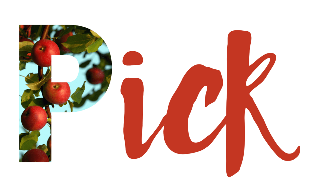 The word PICK with apples in the letter P