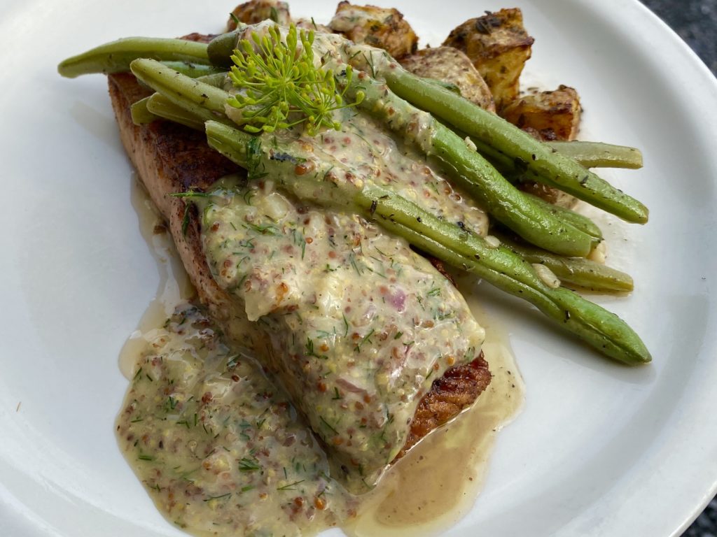 fish fillet, asparagus, and potatos