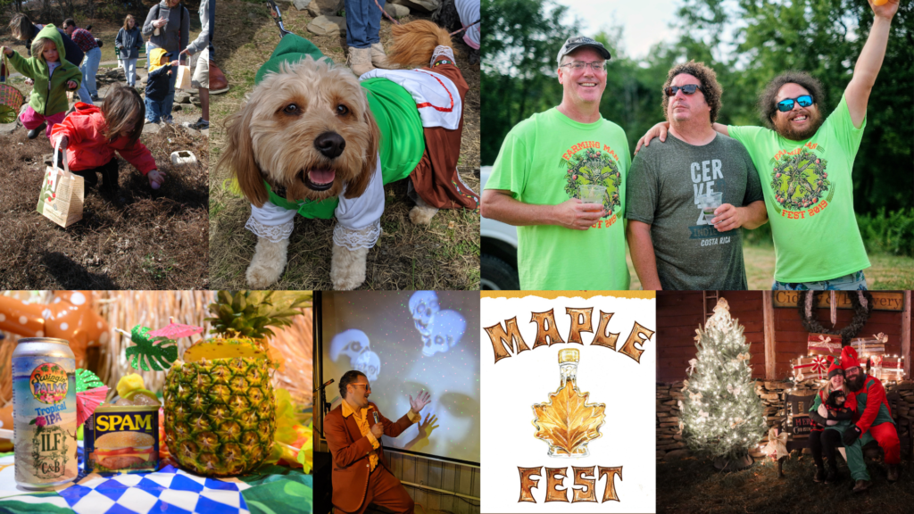 Photos of various events throughout the year, easter egg hunt, farming man fest, maple fest, christmas, halloween