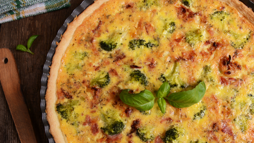 Close up image of a broccoli quiche